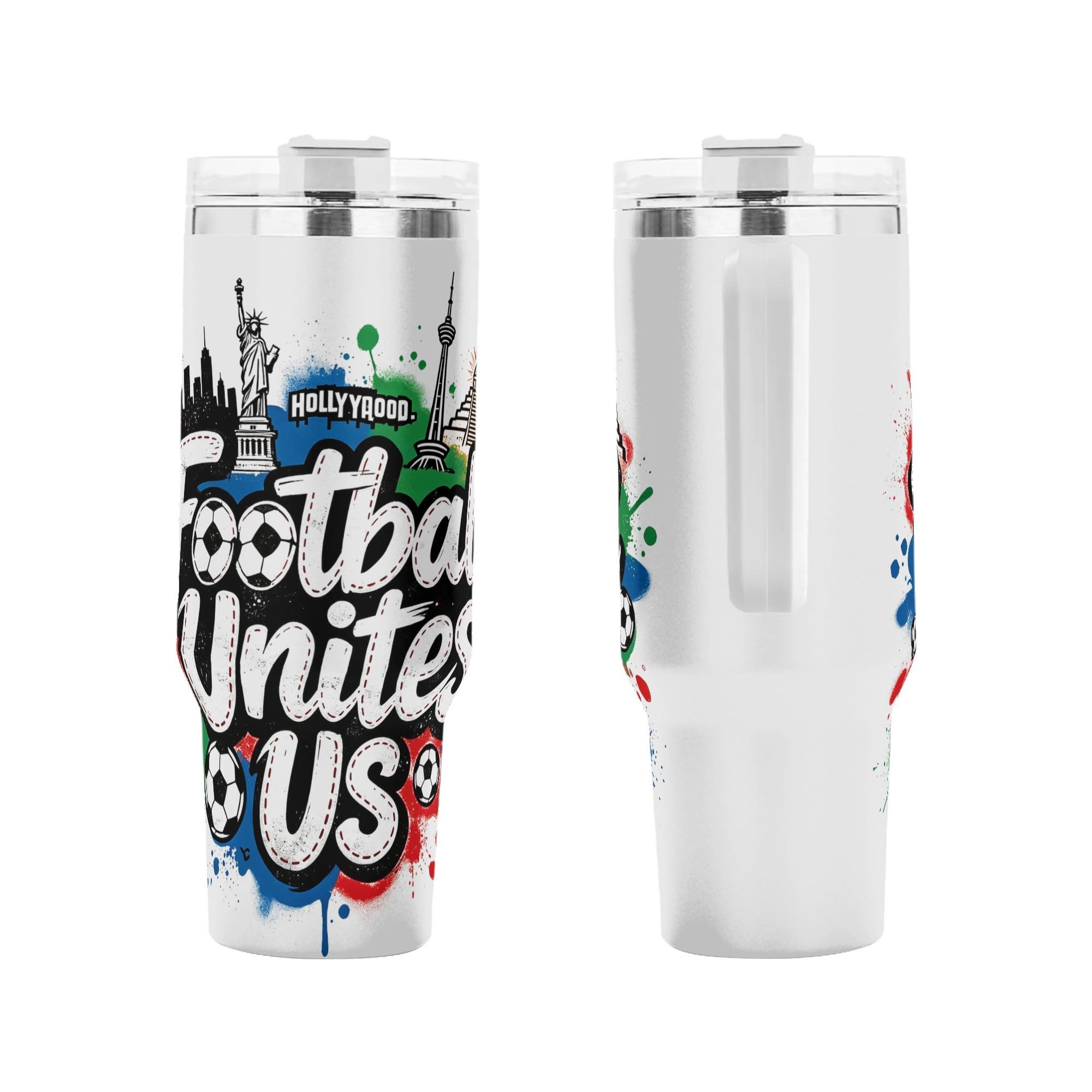 Side-by-side view of the tumbler showing the full front "Football Unites Us" graphic and the back with the handle.