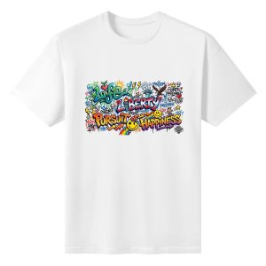 Flat lay of the white T-shirt featuring a vibrant graffiti print with "Life Liberty Pursuit of Happiness" and patriotic symbols.