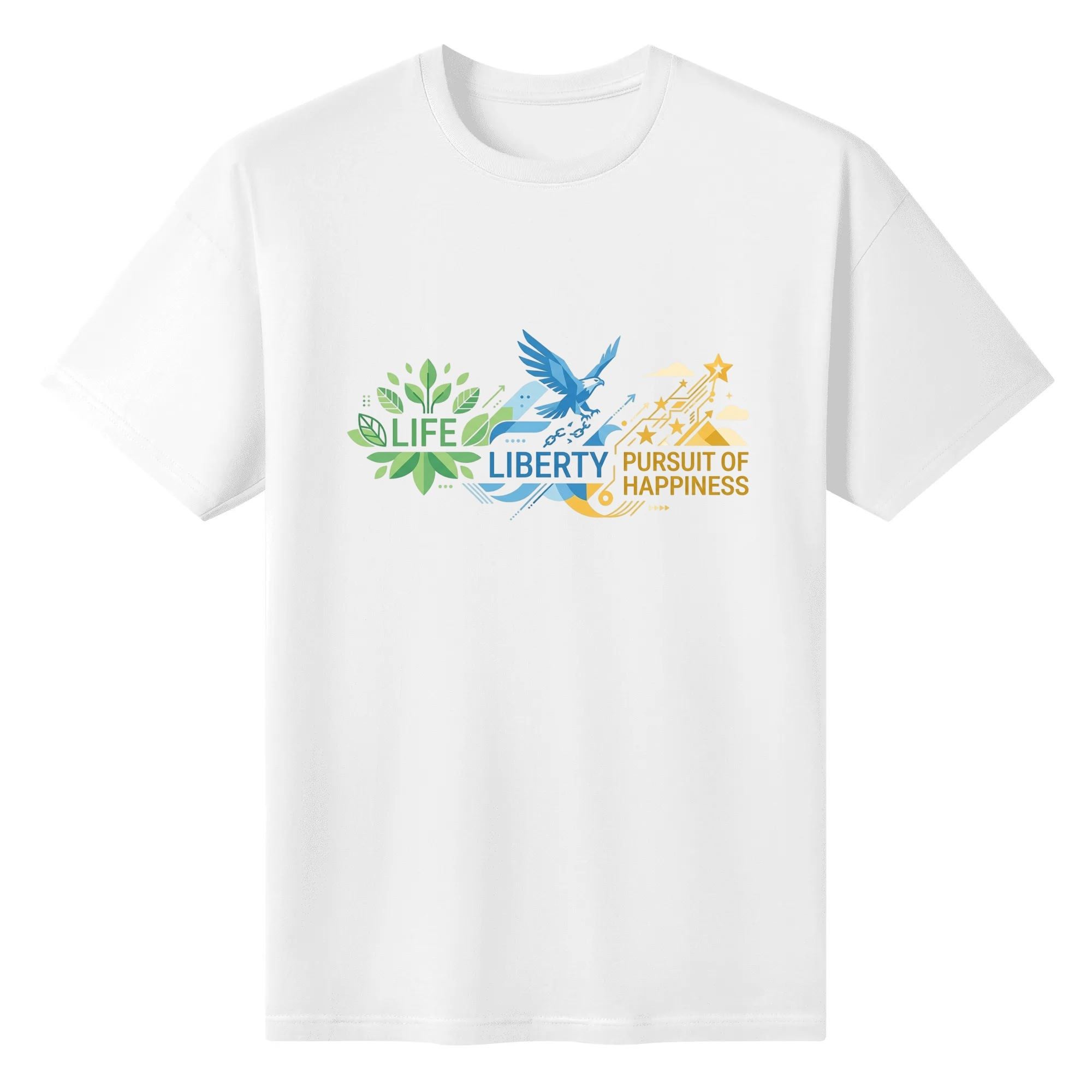 Flat lay of the white T-shirt featuring a minimalist print with "Life Liberty Pursuit of Happiness", leaves, eagle, and star motifs.