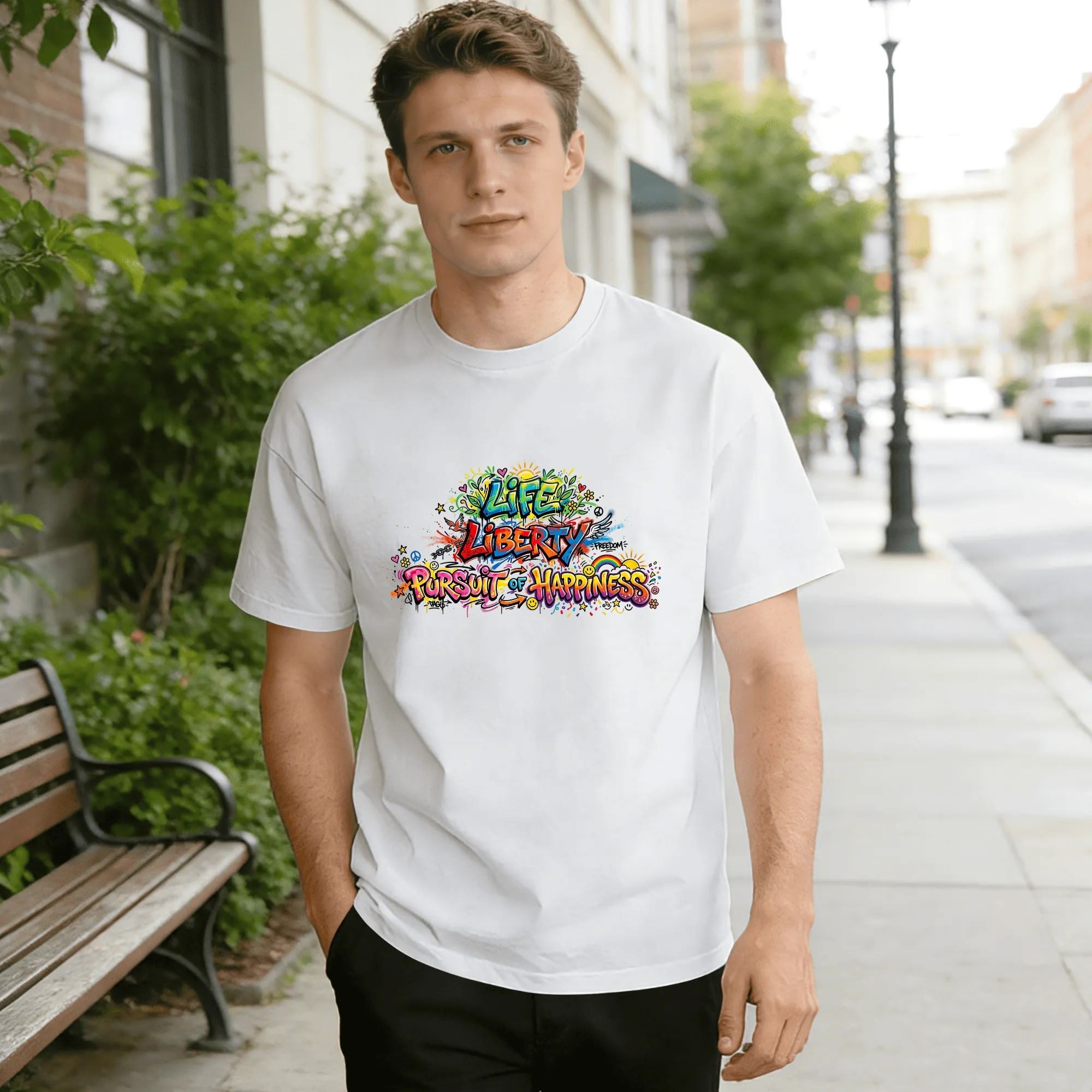 Lifestyle shot of a man wearing the white "Life Liberty Pursuit of Happiness" graffiti-style T-shirt on a city street.