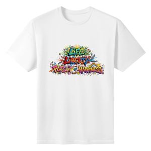 Flat lay of the white T-shirt featuring a vibrant graffiti print with "Life Liberty Pursuit of Happiness" and colorful symbols.