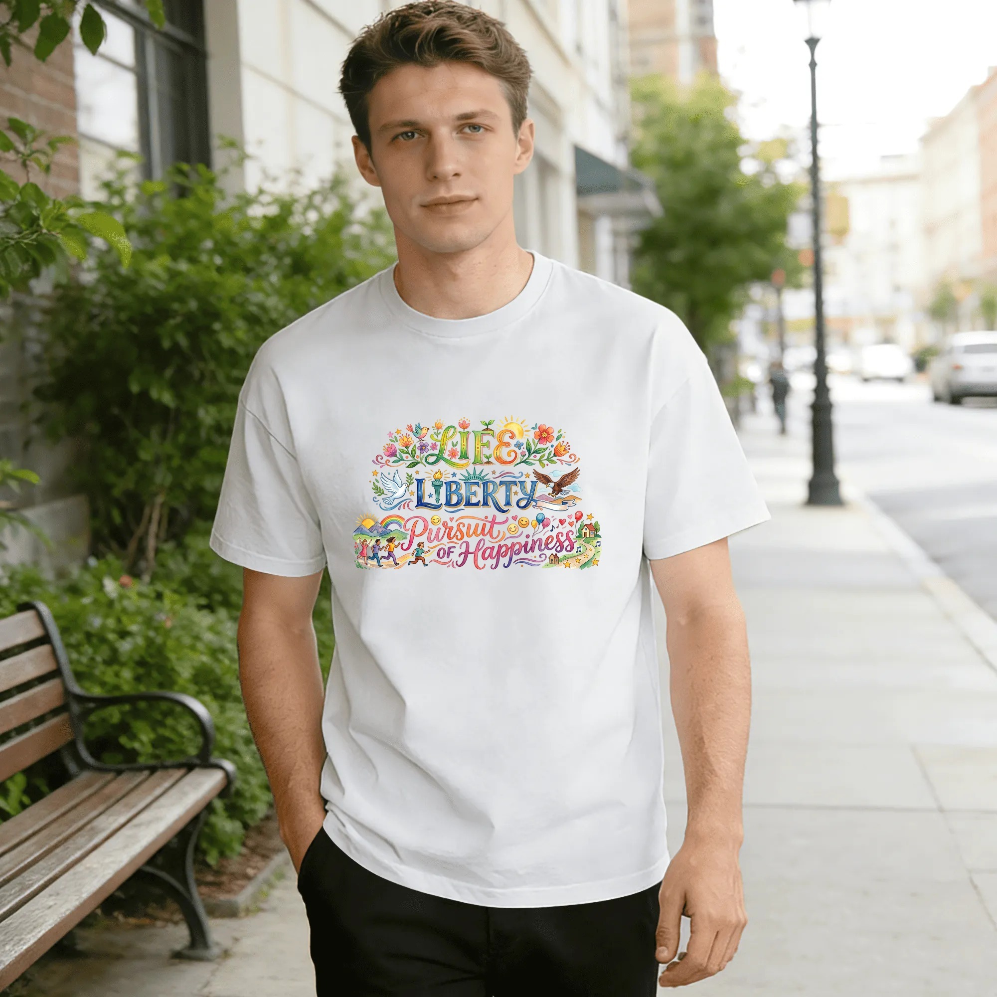 Lifestyle shot of a man wearing the white "Life Liberty Pursuit of Happiness" watercolor folk-art T-shirt on a city street.