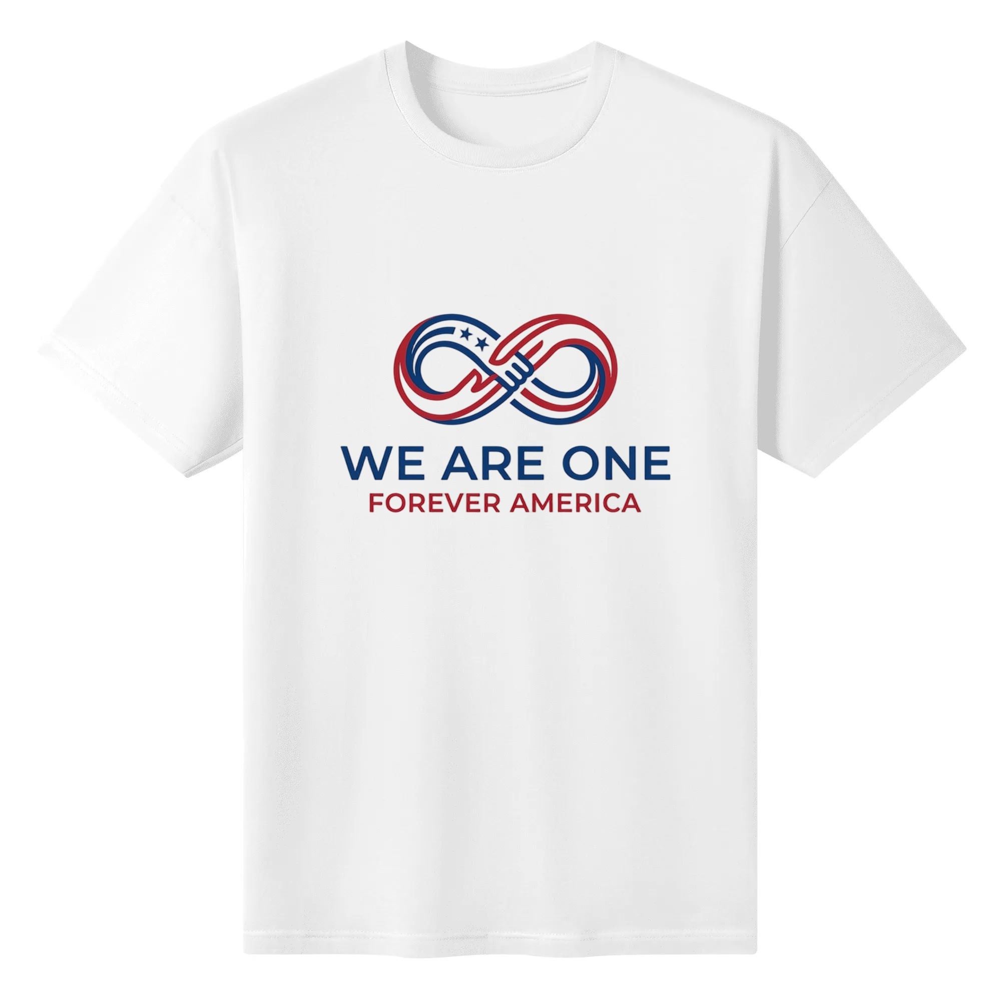 Flat lay of the white T-shirt featuring a minimalist red/blue infinity handshake emblem print with "WE ARE ONE FOREVER AMERICA" text.