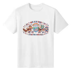 Flat lay of the white T-shirt featuring a vibrant kawaii print with diverse characters, animals, and patriotic symbols celebrating American unity.