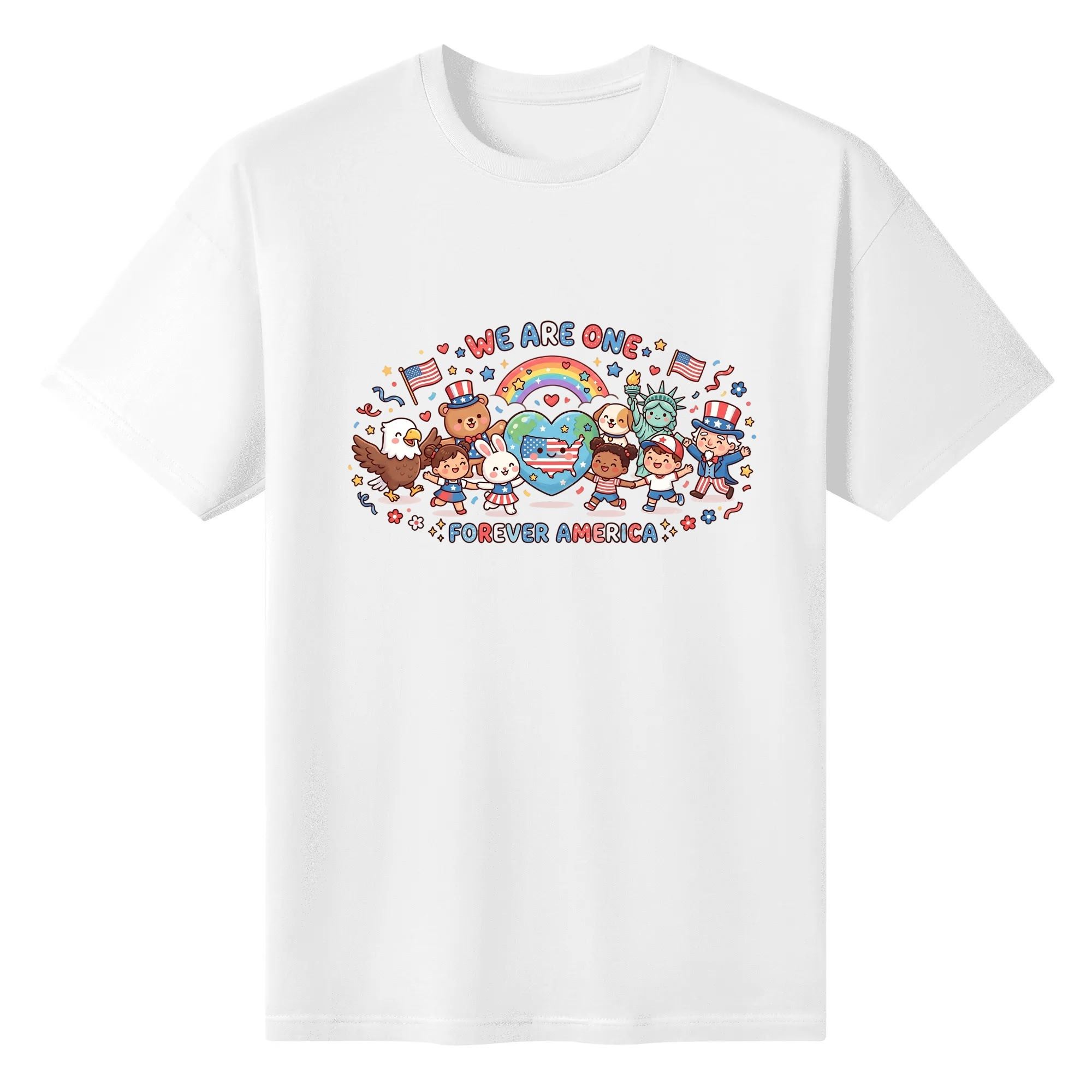 Flat lay of the white T-shirt featuring a vibrant kawaii print with diverse characters, animals, and patriotic symbols celebrating American unity.