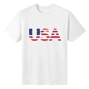 Flat lay of the white T-shirt featuring a minimalist "USA" print where the letters are styled with the American flag.