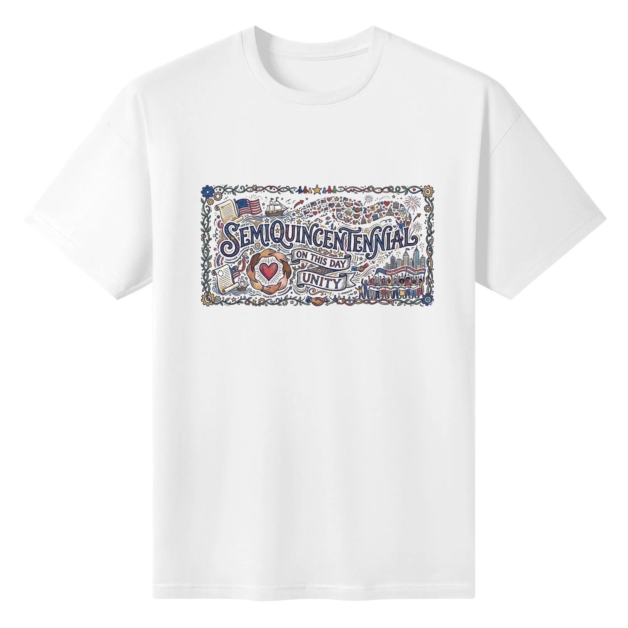 Flat lay of the white T-shirt featuring an intricate folk-art print celebrating the US 250th anniversary.