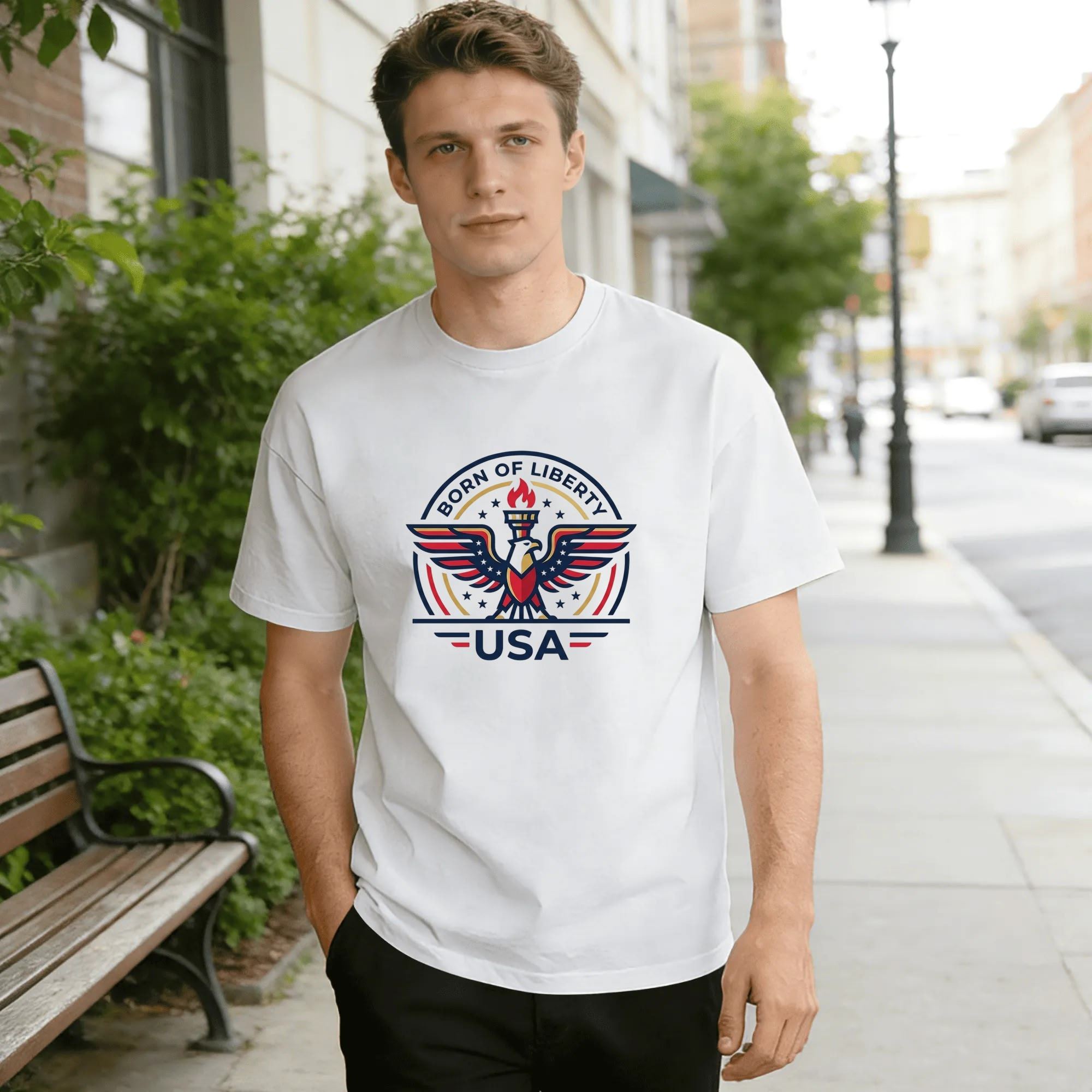 Lifestyle shot of a man wearing the white "Born of Liberty" eagle emblem T-shirt on a city street.