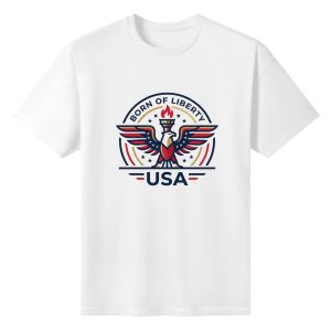 Flat lay of the white T-shirt featuring a patriotic eagle emblem print with "Born of Liberty" and "USA".