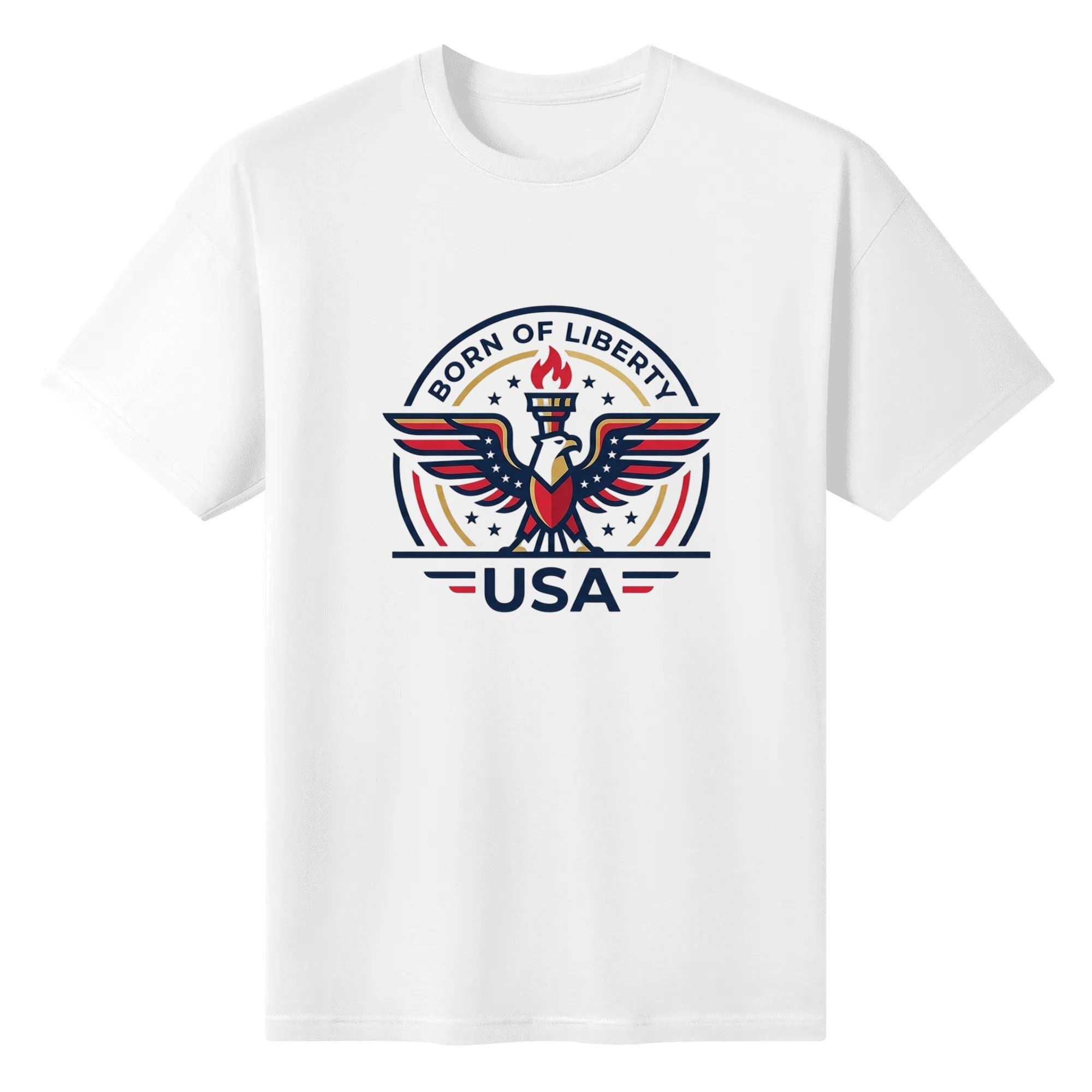 Flat lay of the white T-shirt featuring a patriotic eagle emblem print with "Born of Liberty" and "USA".