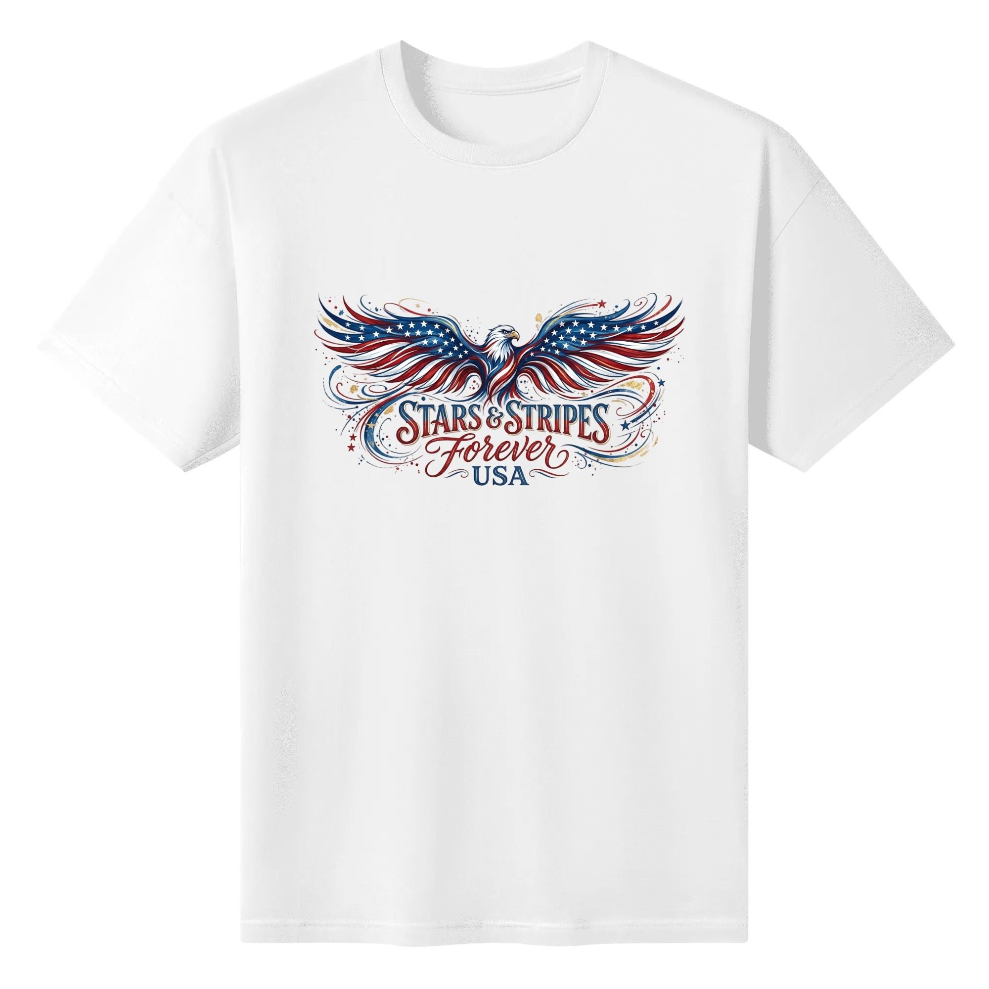 Flat lay of the white T-shirt featuring a vibrant watercolor-style eagle print with American flag wings and "Stars & Stripes Forever USA" text.