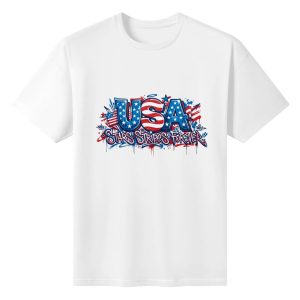 Flat lay of the white T-shirt featuring a bold graffiti print with "USA Stars & Stripes Forever" in flag-themed colors.