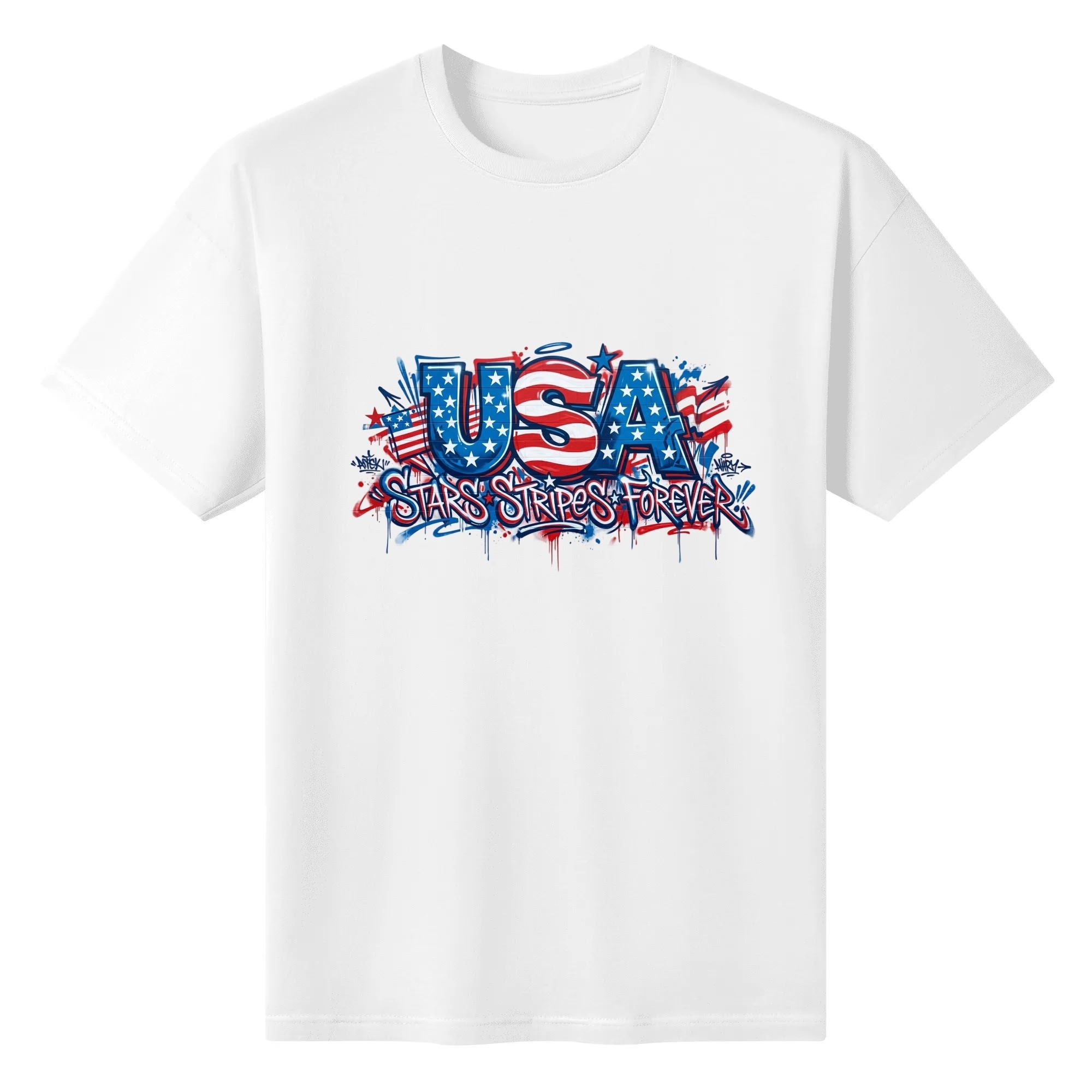 Flat lay of the white T-shirt featuring a bold graffiti print with "USA Stars & Stripes Forever" in flag-themed colors.