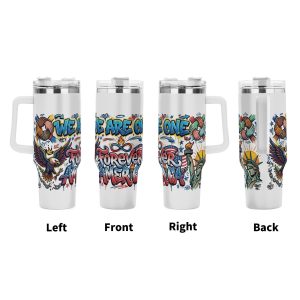 Multi-angle render of printed tumbler, full wrap-around street graffiti print "WE ARE ONE FOREVER AMERICA", decorated with Statue of Liberty, bald eagle, unity handshake, US flag, infinity symbol, patriotic street art all around left/front/right/back sides