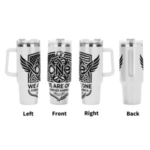 Left front right back views of USA patriotic eagle flag printed stainless tumbler