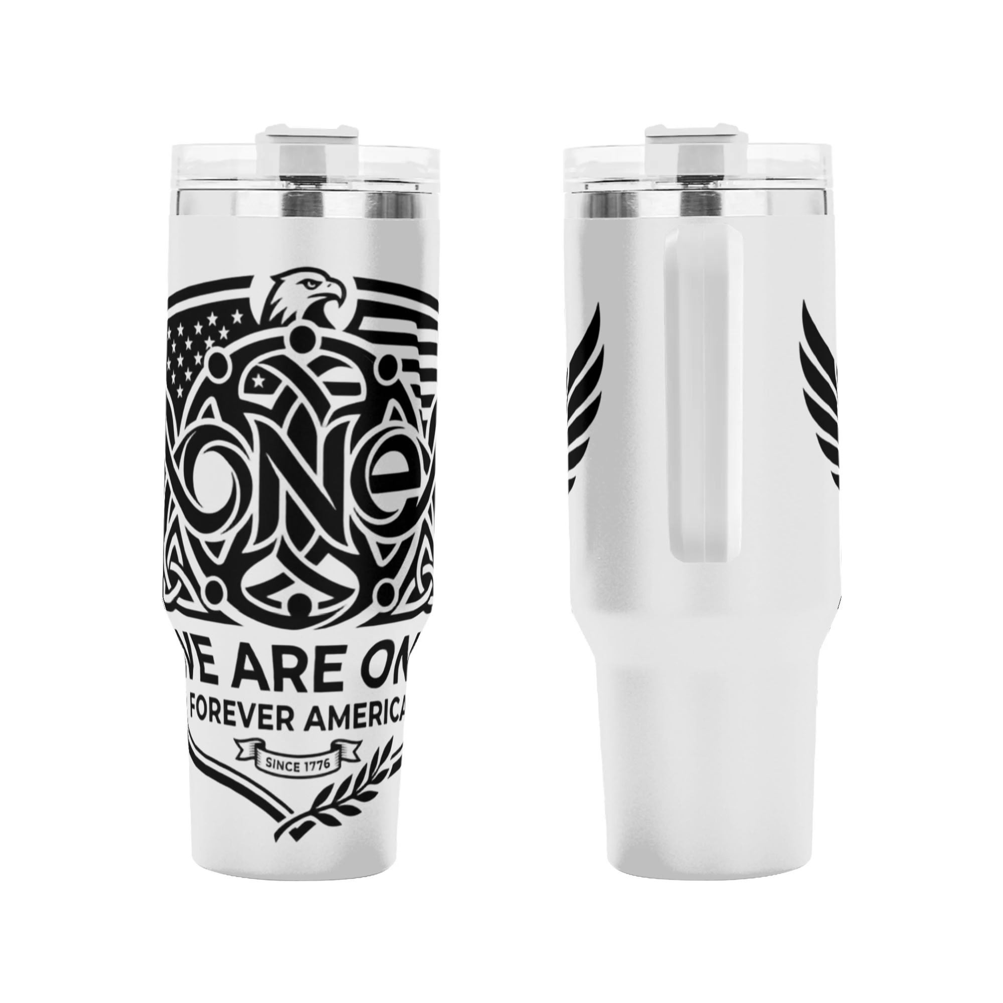 Close-up of We Are One 1776 bald eagle American flag full wrap tumbler