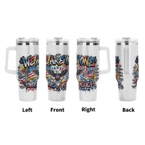 Left front right back full wrap views of patriotic We Are One eagle American flag graffiti stainless steel tumbler