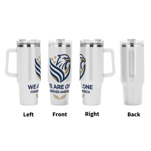 Left front right back full wrap views of sleek eagle shield patriotic stainless steel tumbler printed with unity slogan for American 250 anniversary