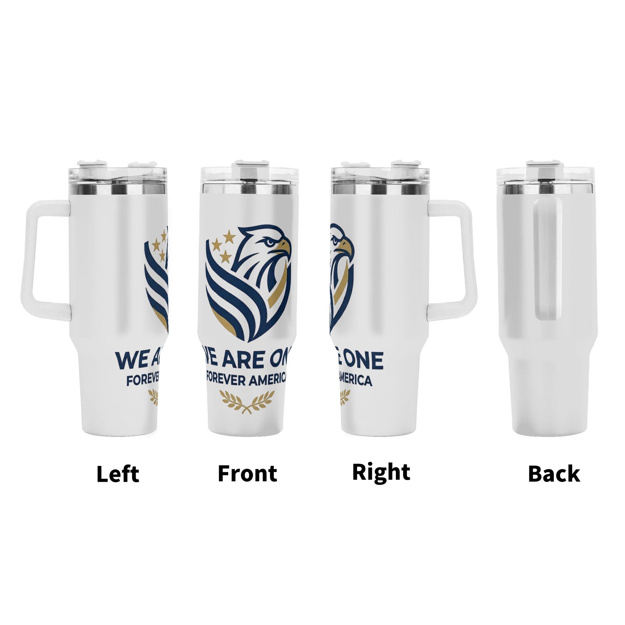 Left front right back full wrap views of sleek eagle shield patriotic stainless steel tumbler printed with unity slogan for American 250 anniversary