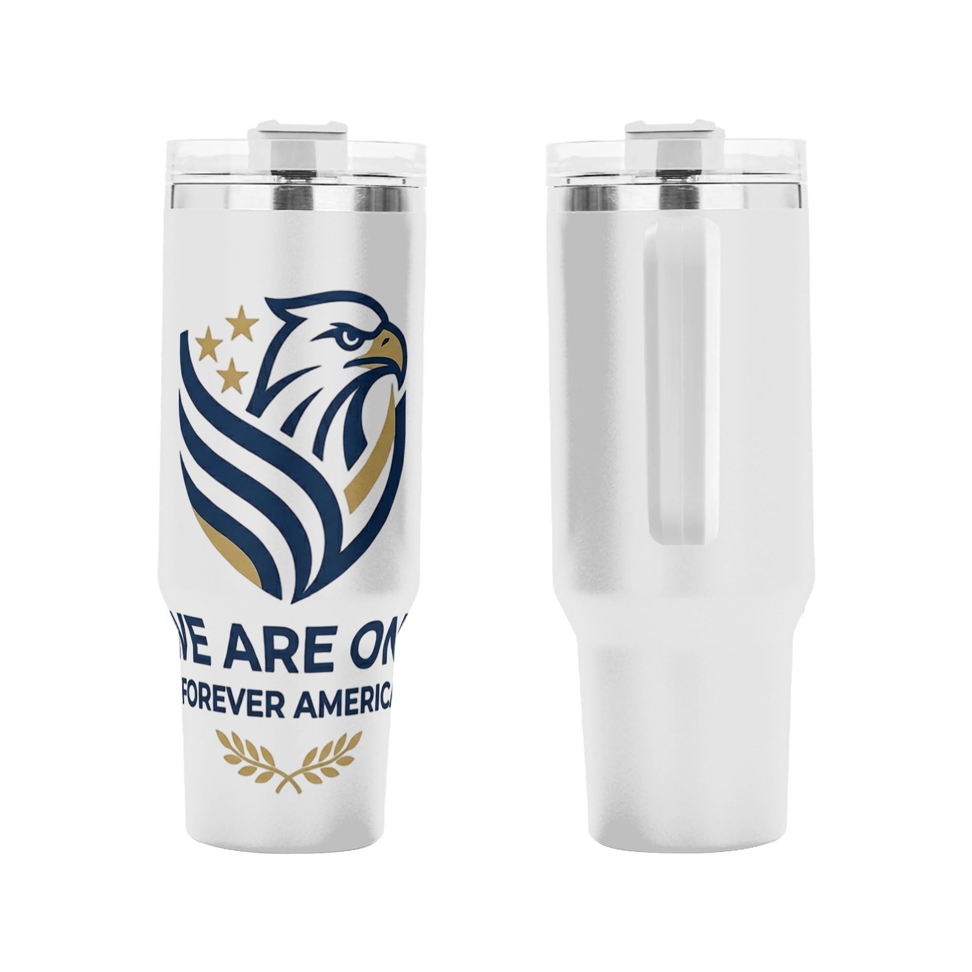 Clean minimalist navy gold bald eagle crest full-print insulated travel tumbler celebrating USA bicentennial heritage