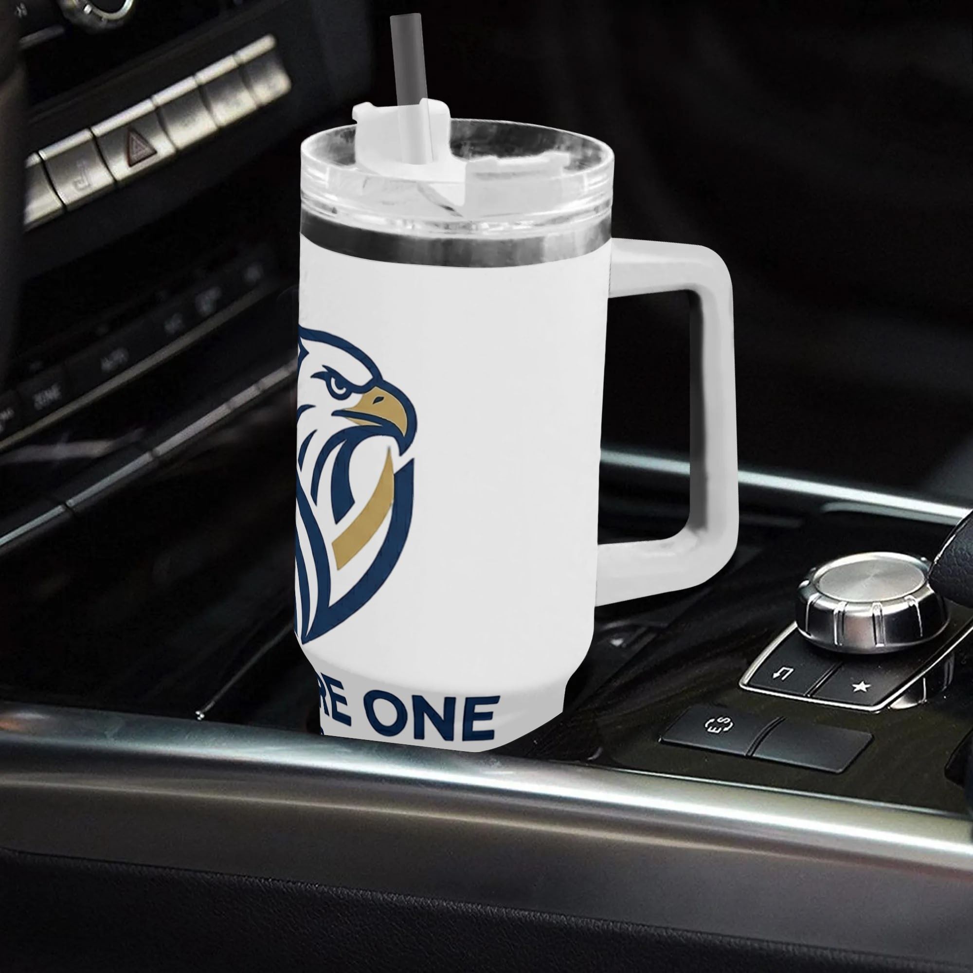 White 40oz handle insulated tumbler with minimalist navy gold bald eagle shield “We Are One Forever America” patriotic print, USA 250th bicentennial travel mug