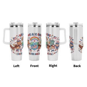 Multi-angle render set (Left / Front / Right / Back): full 360 wrap-around kawaii cartoon USA unity print, featuring Statue of Liberty, Uncle Sam, bald eagle, diverse kids, patriotic animals, rainbow & US flag heart
