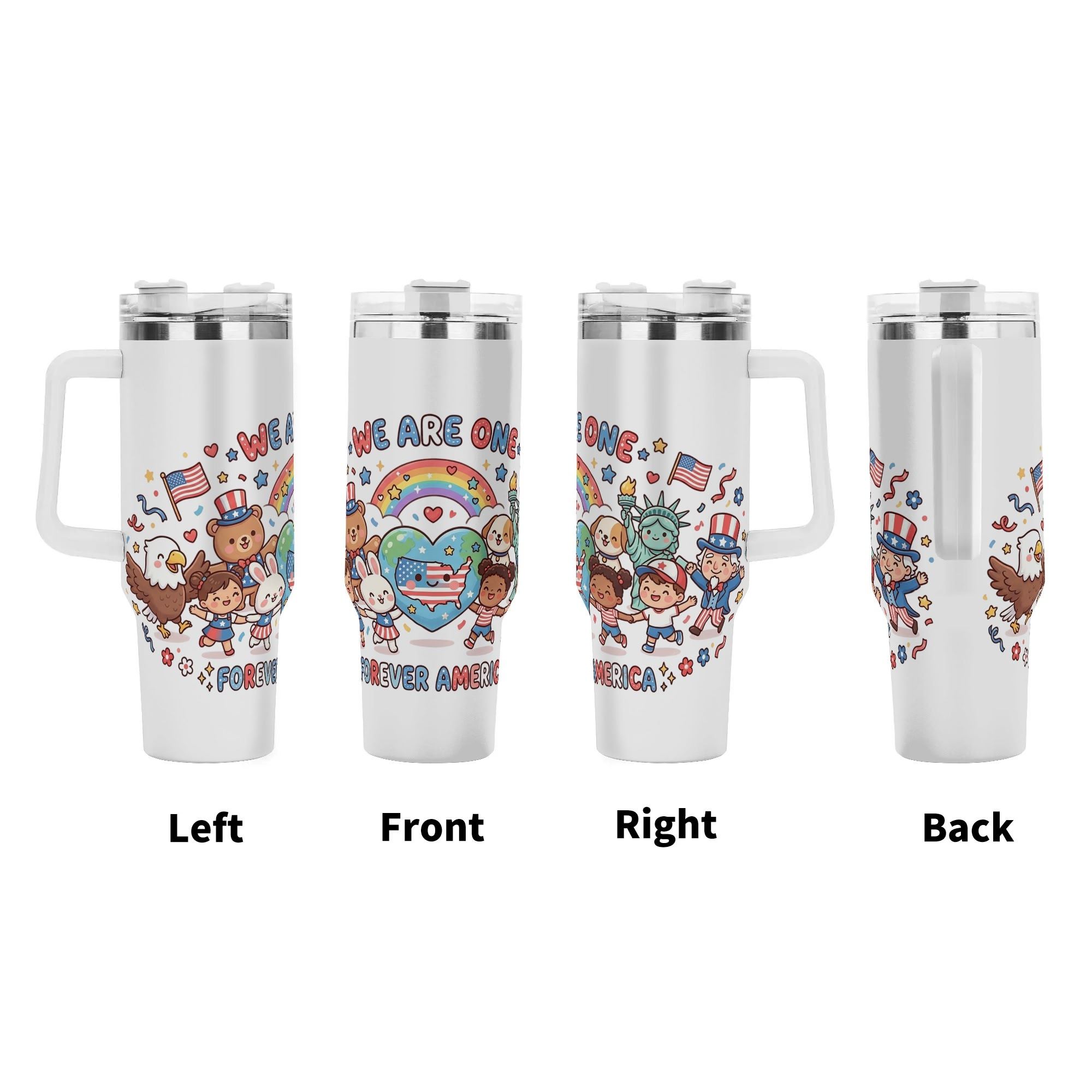 Multi-angle render set (Left / Front / Right / Back): full 360 wrap-around kawaii cartoon USA unity print, featuring Statue of Liberty, Uncle Sam, bald eagle, diverse kids, patriotic animals, rainbow & US flag heart