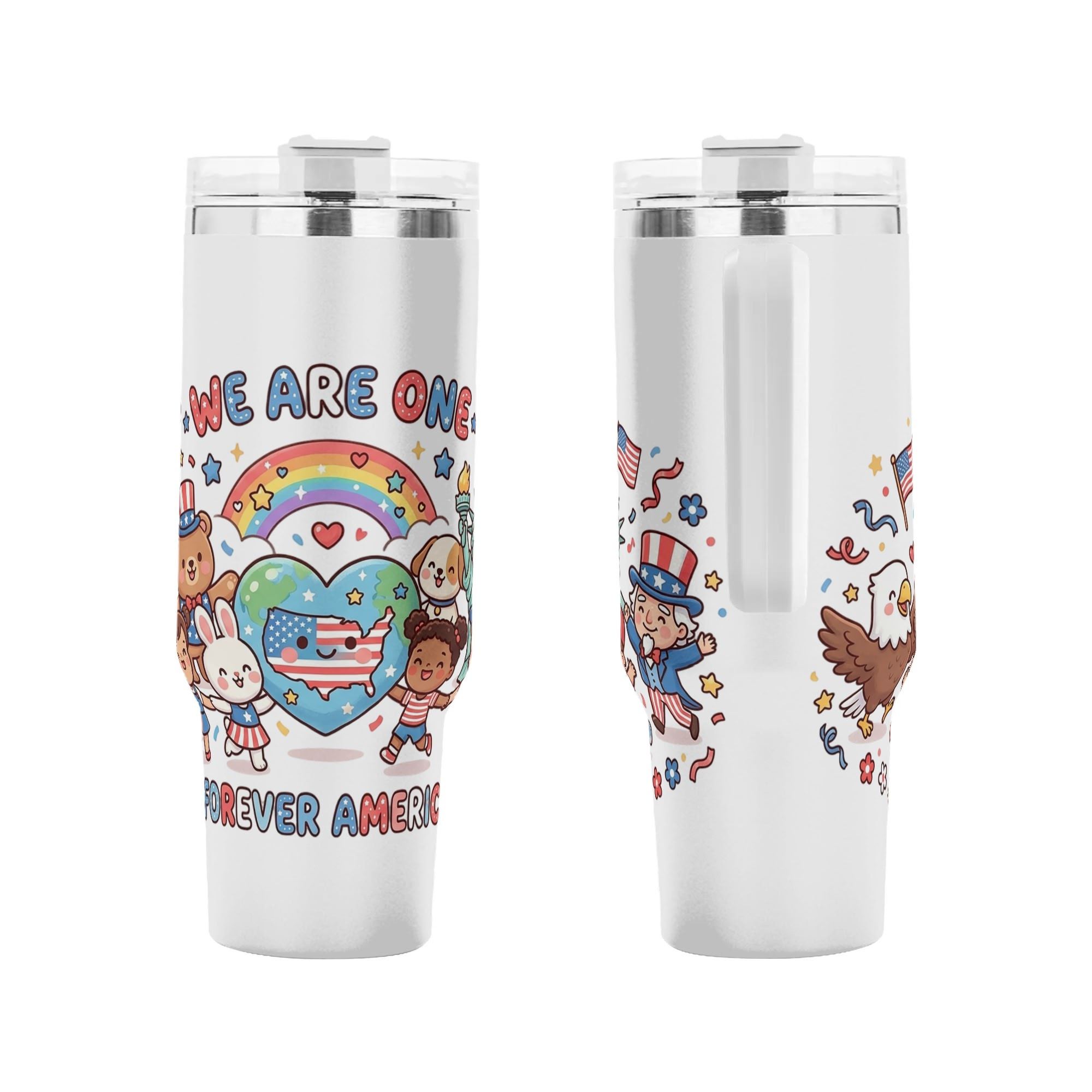 Dual side close-up shot of complete all-over cute patriotic cartoon artwork covering the whole tumbler body, "We Are One Forever America" unity slogan design