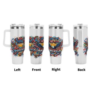 Left front right back views of full-wrap patriotic graffiti printed stainless steel tumbler