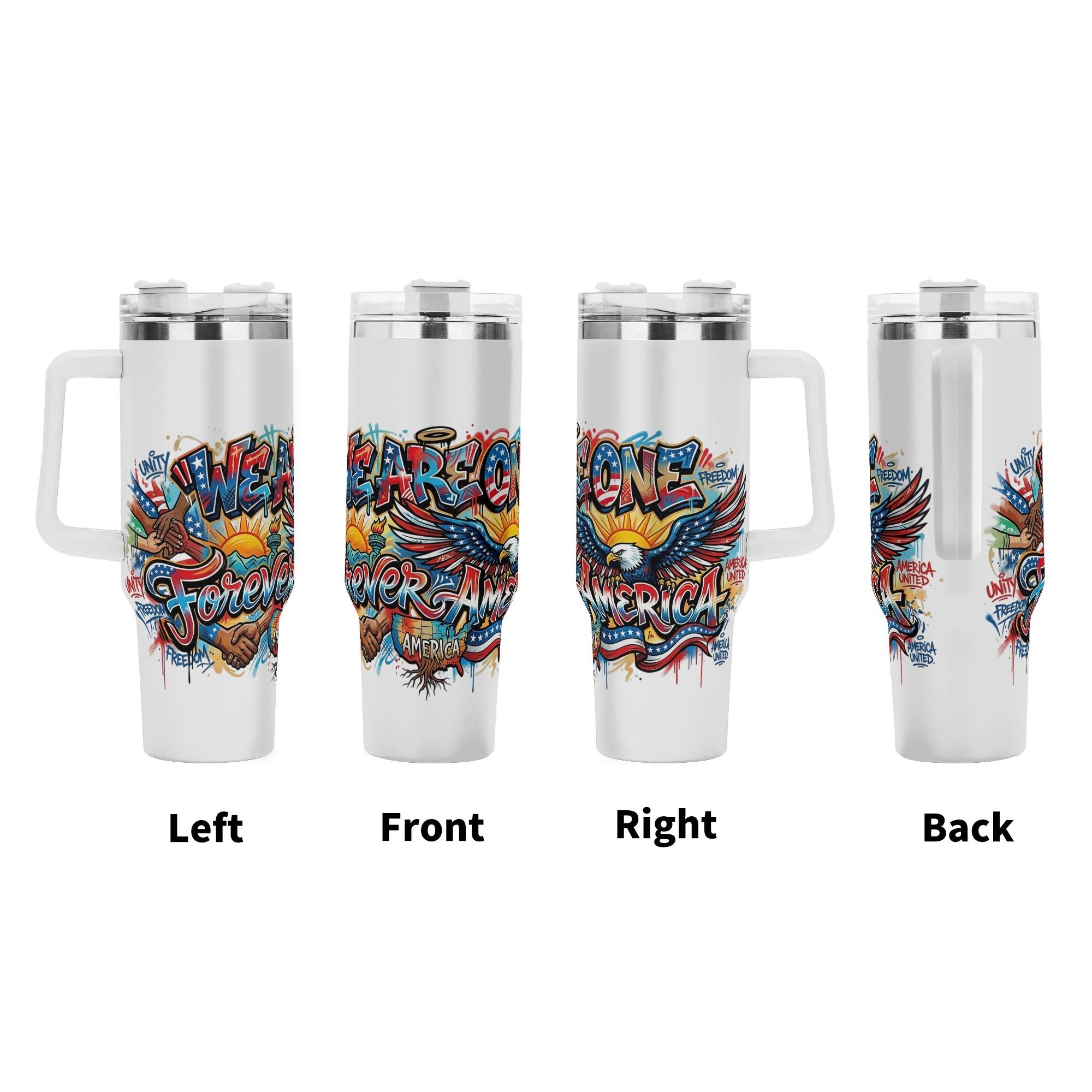 Left front right back views of full-wrap patriotic graffiti printed stainless steel tumbler