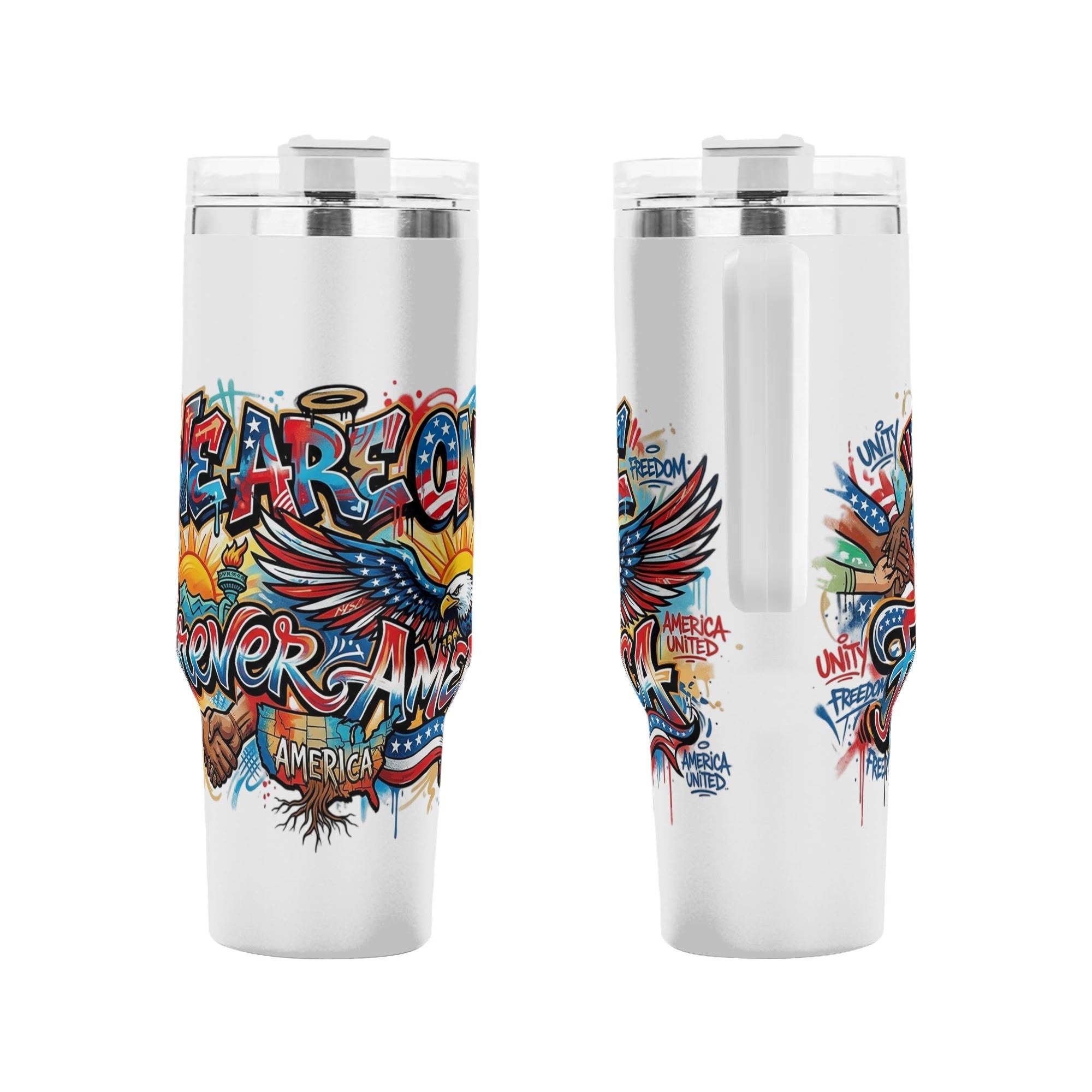 Close-up of We Are One Forever America eagle flag unity graffiti full wrap tumbler