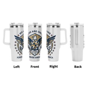 USA 250th anniversary eagle shield tumbler four side view left front right back, vintage bald eagle patriotic crest full wrap print large insulated cup with grip handle
