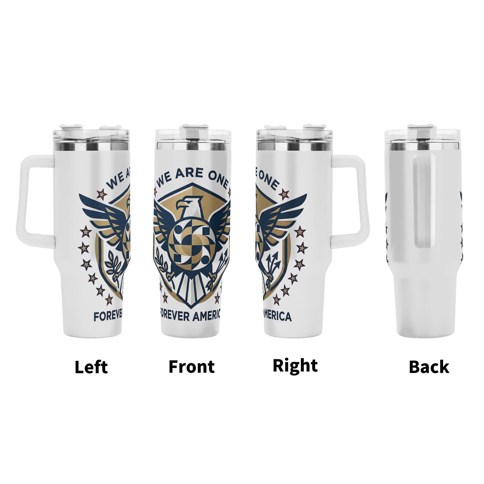 USA 250th anniversary eagle shield tumbler four side view left front right back, vintage bald eagle patriotic crest full wrap print large insulated cup with grip handle