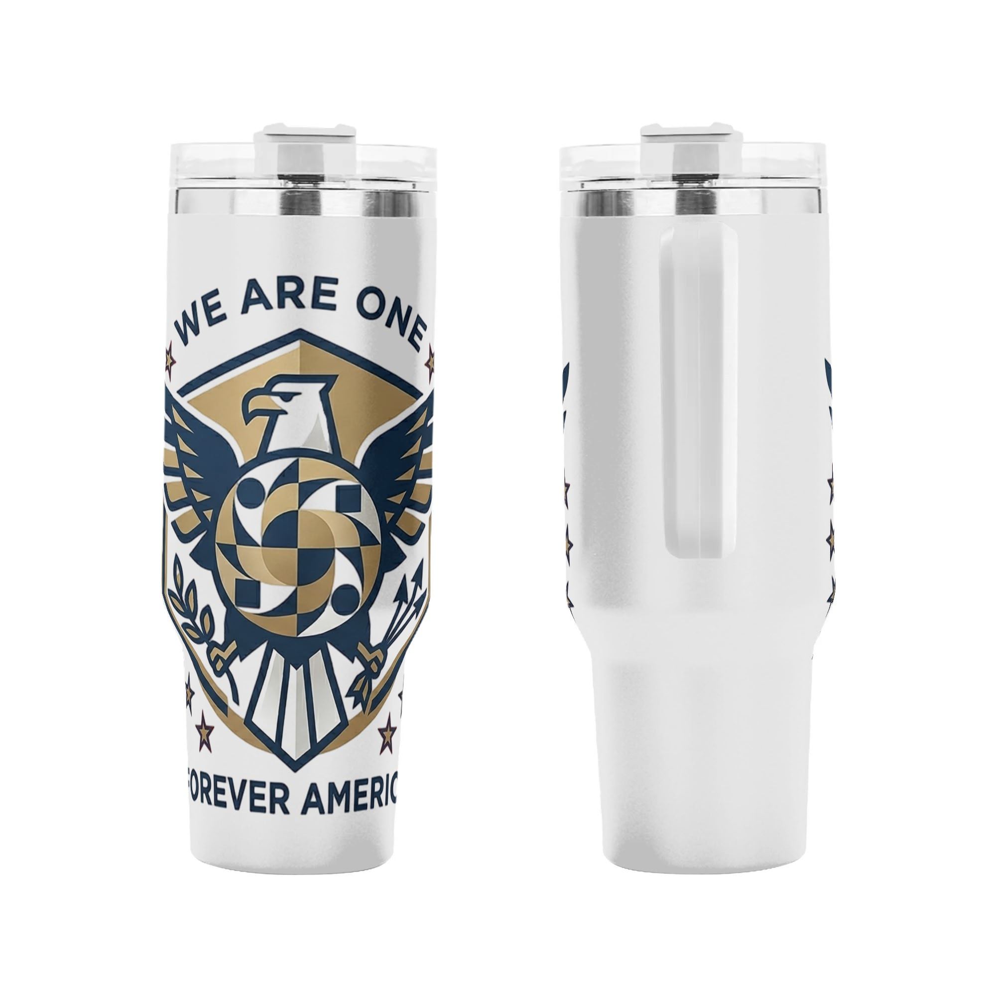 Front and back shot of America 250 founding birthday patriotic tumbler, gold navy eagle star shield "We Are One" slogan printed stainless steel travel mug with handle