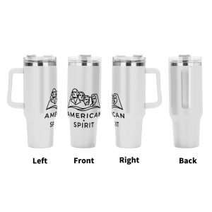 Left front right back full wrap views of minimalist Mount Rushmore American Spirit patriotic stainless tumbler