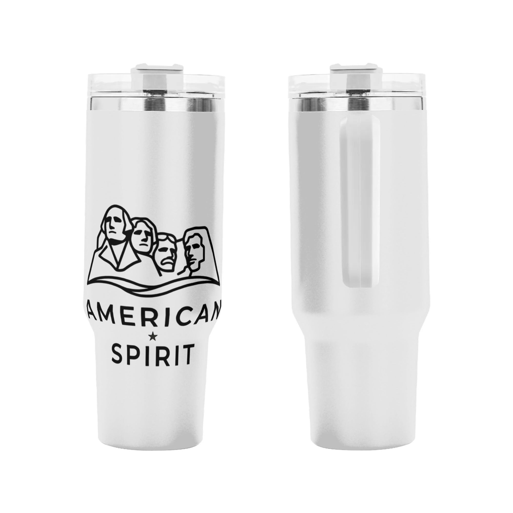 Close-up of Mount Rushmore "American Spirit" line art full wrap travel tumbler for USA 250 anniversary
