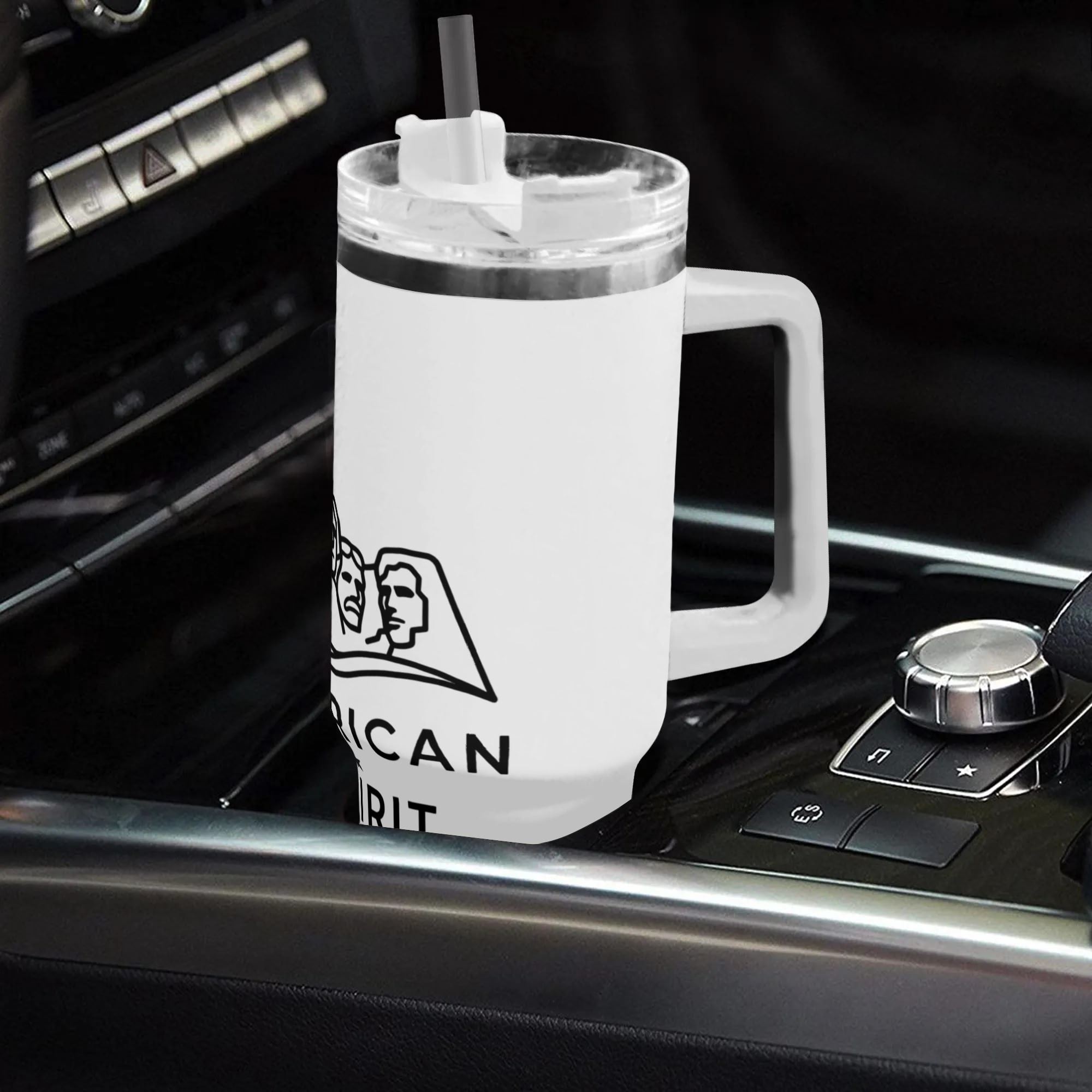 White 40oz handle tumbler with Mount Rushmore American Spirit line art print placed in car gear shift, USA 250th bicentennial insulated travel mug Feature collage: Tumbler accessories, transparent leakproof lid, stra