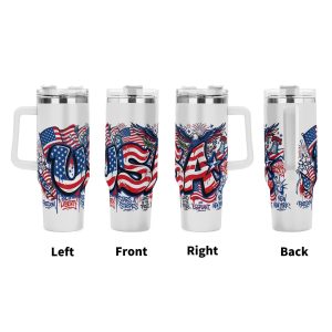 Four-angle render set (Left/Front/Right/Back): Complete 360° wrap-around graffiti design, giant US flag patterned "USA" lettering, bald eagle, Statue of Liberty, liberty bell, fireworks, freedom slogan street art all over the tumbler