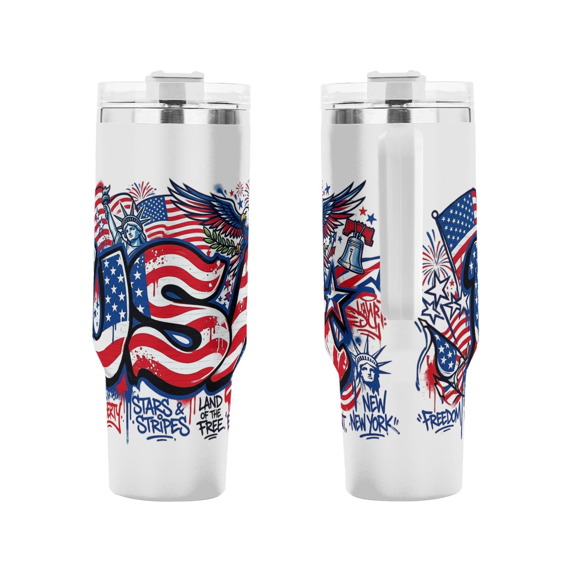 Dual side close-up shot of full circular patriotic graffiti print, bold red white blue street art covering the whole stainless steel tumbler body