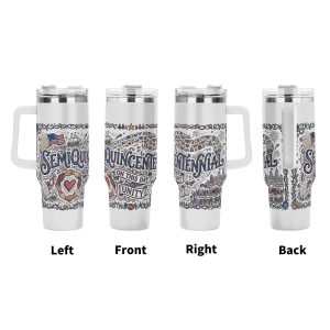 Left front right back full wrap views of hand-drawn doodle Quincentennial unity patriotic stainless tumbler for America’s 250 anniversary