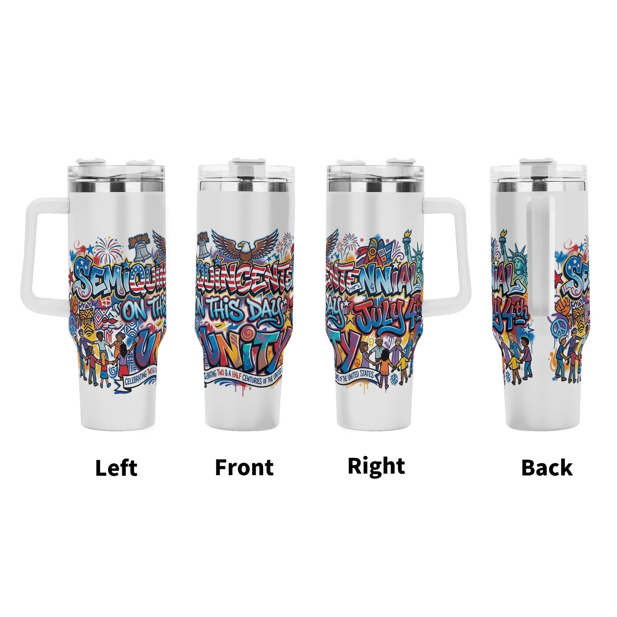 USA 250th semiquincentennial graffiti tumbler four side view left front right back, dripping street art eagle liberty unity full wrap print large insulated cup with grip handle