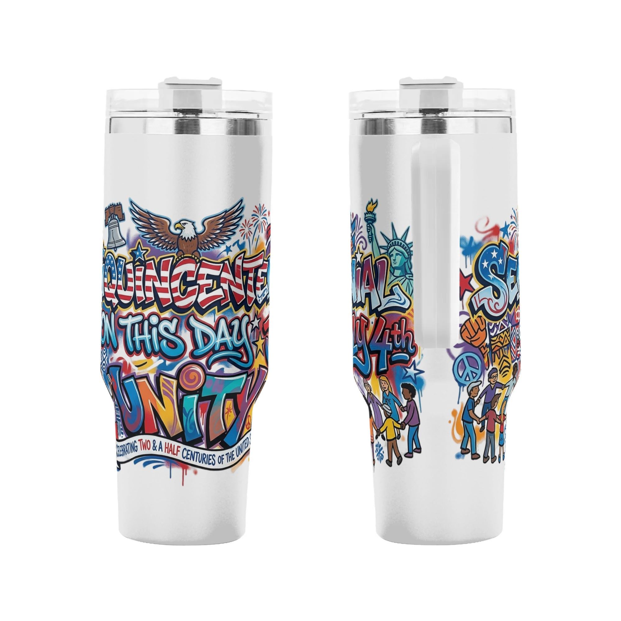 Front and back shot of America 250 semiquincentennial patriotic tumbler, colorful graffiti eagle fireworks unity July 4th letter print stainless steel travel mug with handle
