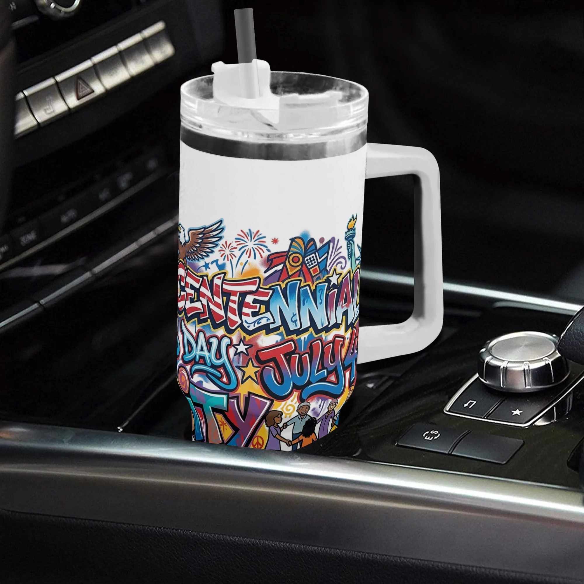 40oz USA 250th semiquincentennial patriotic tumbler with handle placed in car center console, colorful graffiti eagle Statue of Liberty unity full wrap print insulated stainless steel travel mug 配件细节图 Alt