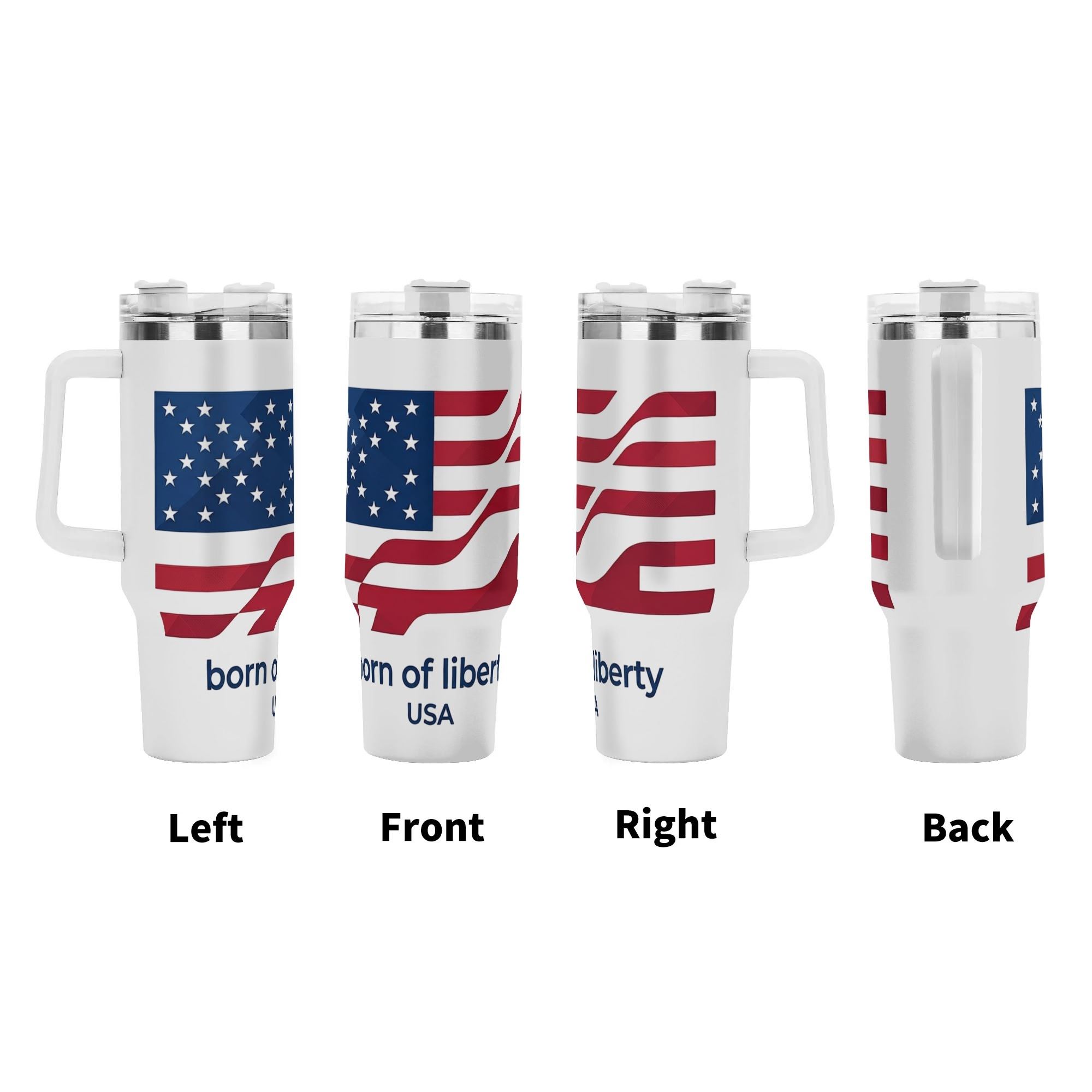 Left front right back views of wavy American flag printed stainless tumbler with "born of liberty USA" text