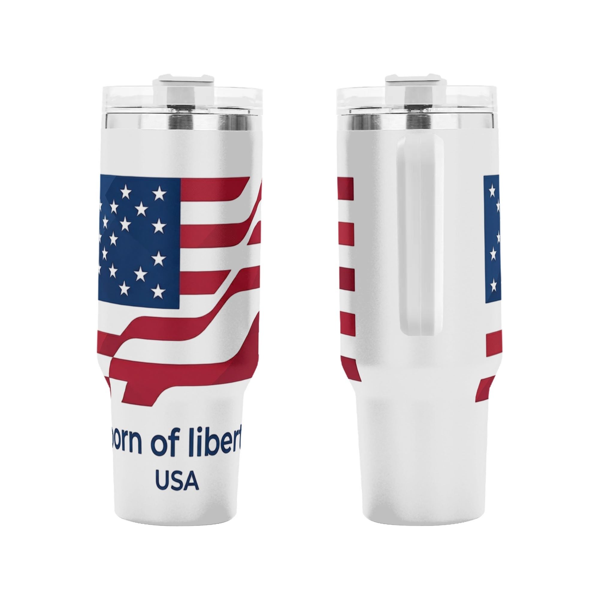 Close-up of full wrap retro wavy US flag patriotic tumbler for USA bicentennial