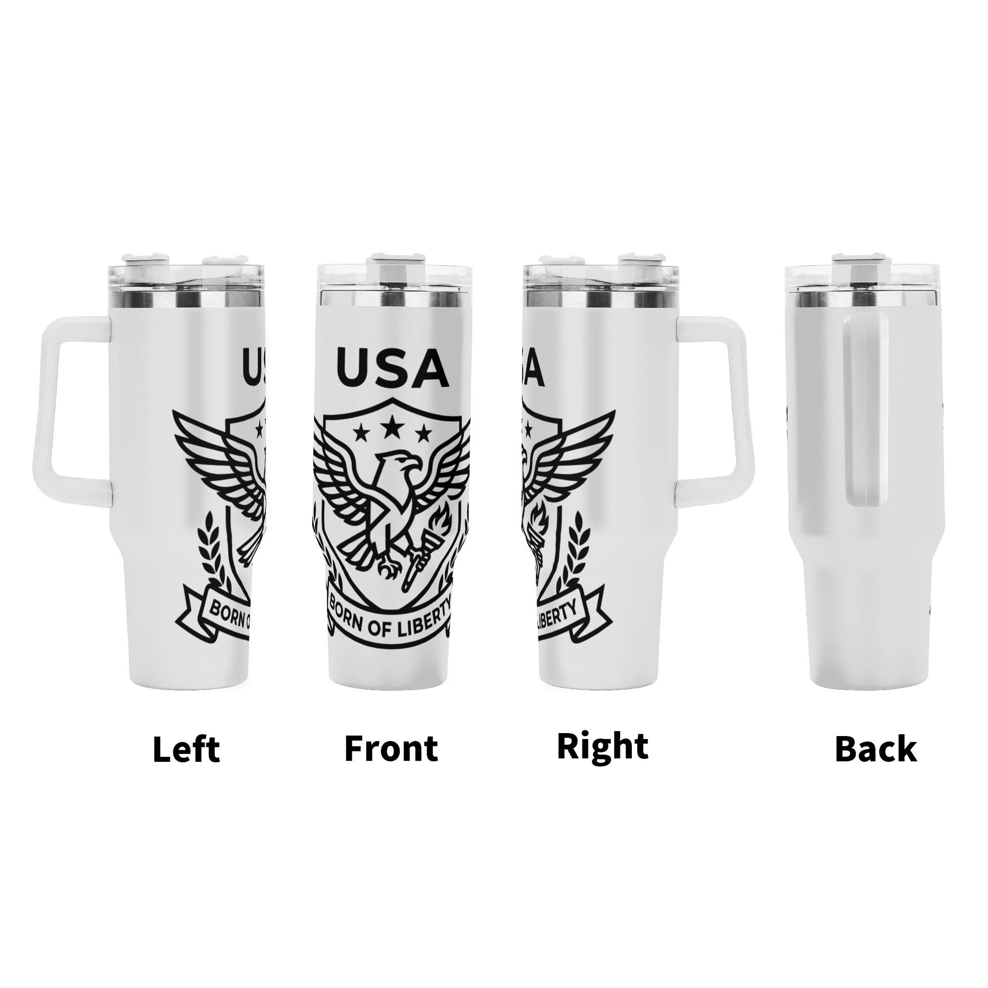 USA 250th semiquincentennial line art eagle tumbler four side view left front right back, monochrome liberty torch shield full wrap sketch print large insulated cup with grip handle