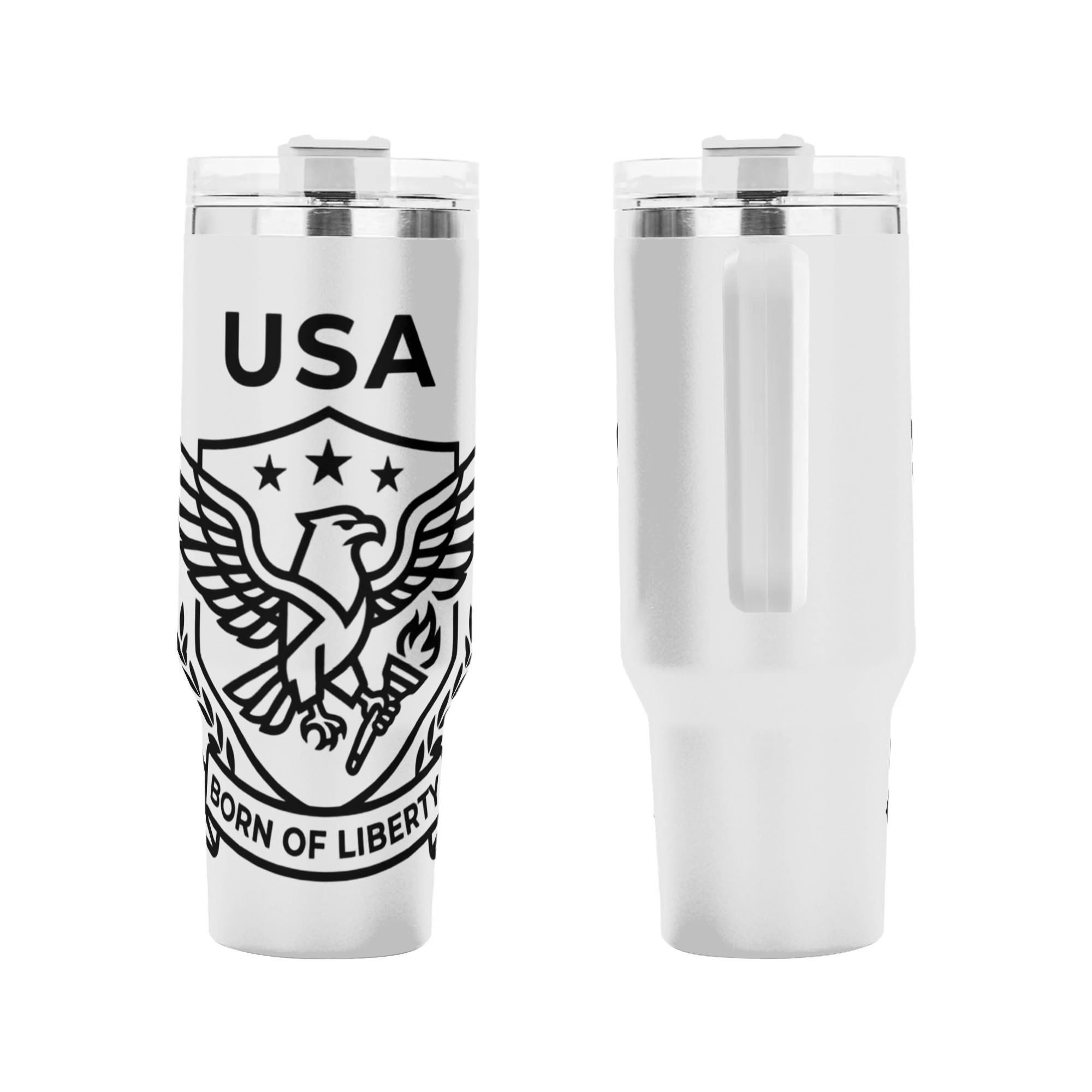 Front and back shot of America 250 founding anniversary commemorative tumbler, clean black line bald eagle star crest "USA Born Of Liberty" emblem printed stainless steel travel mug with handle