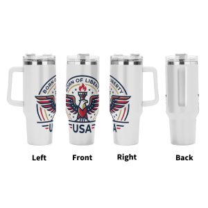 USA 250th semiquincentennial eagle liberty torch tumbler four side view left front right back, vintage patriotic circle badge full wrap print large insulated cup with grip handle