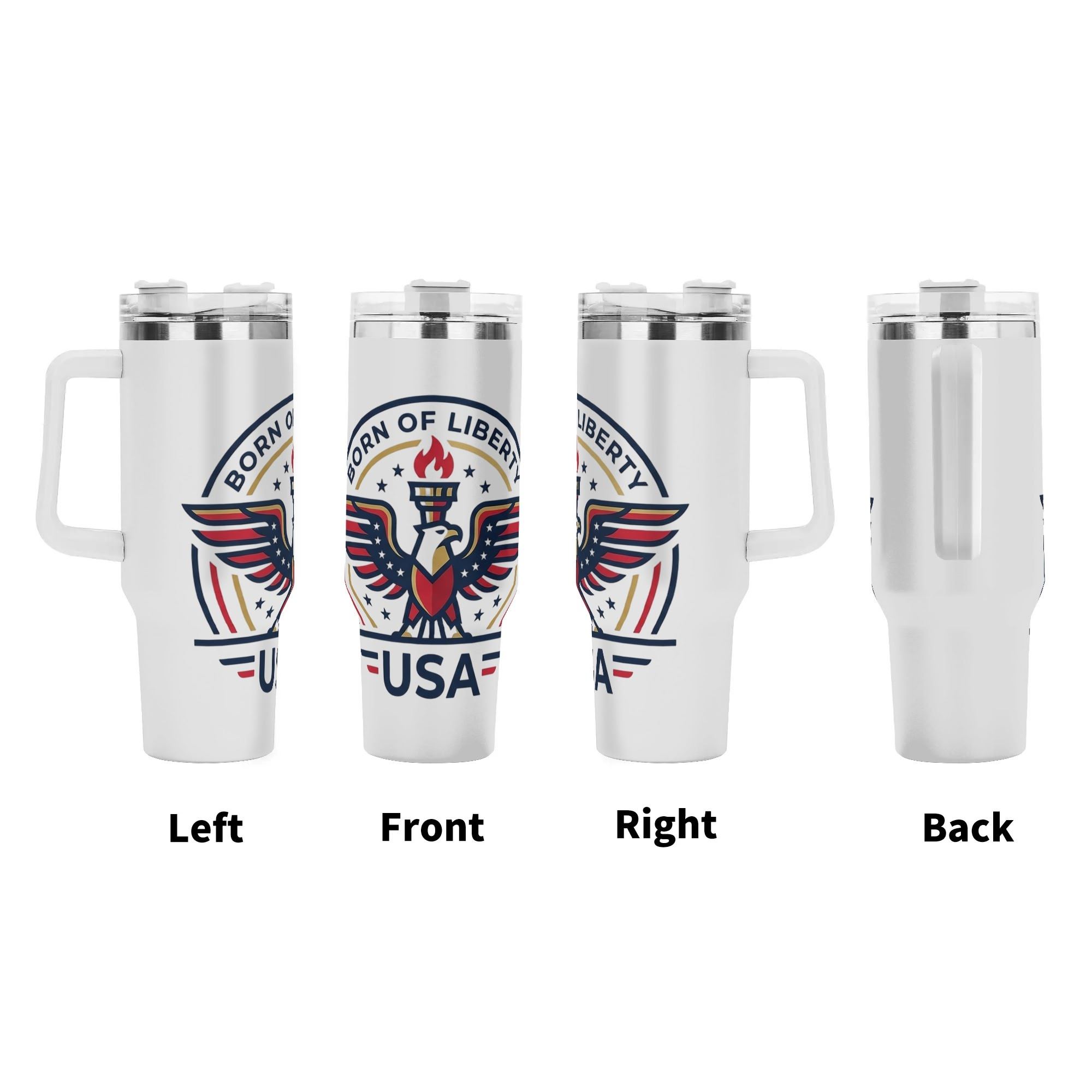 USA 250th semiquincentennial eagle liberty torch tumbler four side view left front right back, vintage patriotic circle badge full wrap print large insulated cup with grip handle