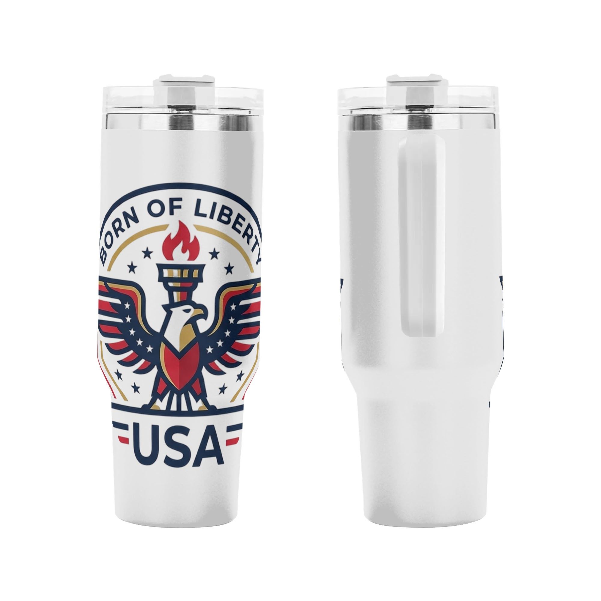 Front and back shot of America 250 founding birthday patriotic tumbler, red navy gold bald eagle torch "Born Of Liberty USA" emblem printed stainless steel travel mug with handle